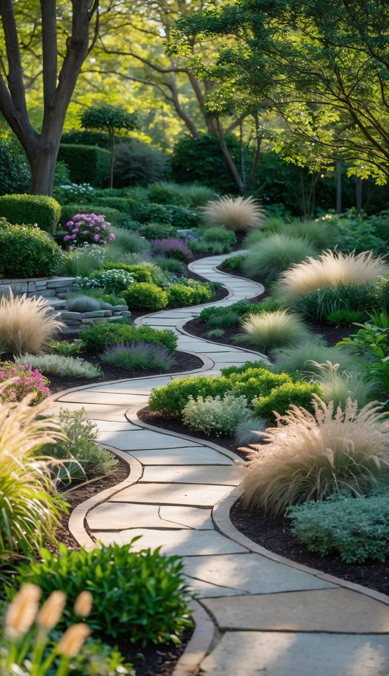 A garden with narrow curved stone paths winding through green plants and colorful flowers.